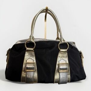 Y2K‎ BCBG Paris Satchel Purse Black Nylon Gold Croc Leather Trim Tote Handbag